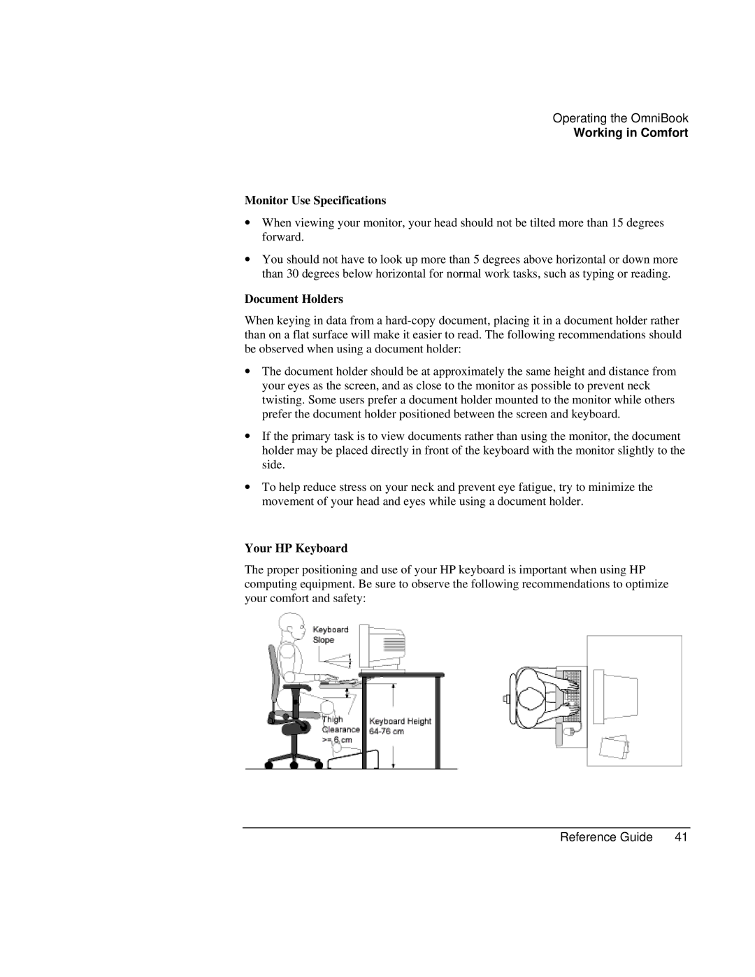 HP 900 manual Monitor Use Specifications, Document Holders, Your HP Keyboard 