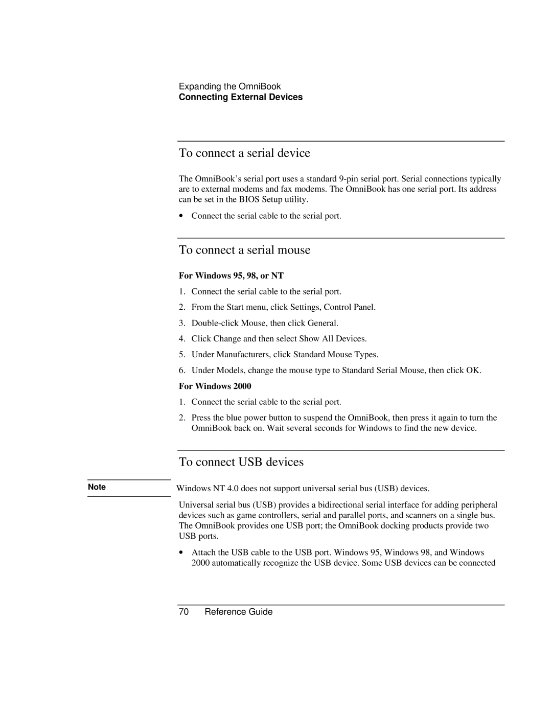 HP 900 manual To connect a serial device, To connect a serial mouse, To connect USB devices, For Windows 95, 98, or NT 