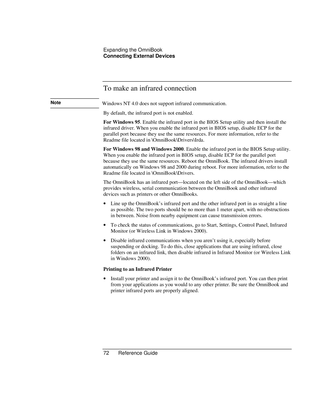 HP 900 manual To make an infrared connection, Windows NT 4.0 does not support infrared communication 