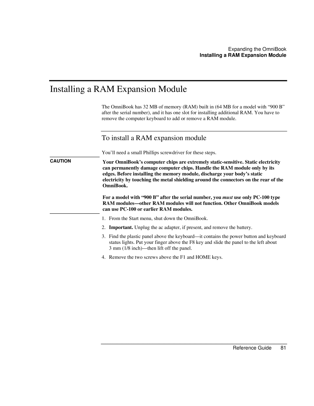 HP 900 manual Installing a RAM Expansion Module 