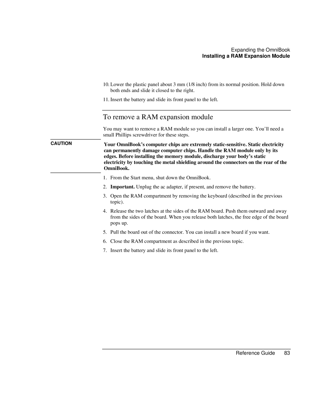 HP 900 manual To remove a RAM expansion module 