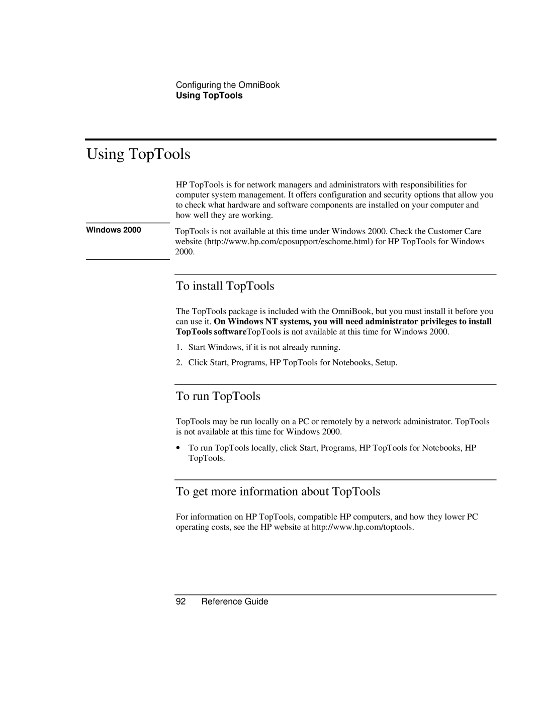 HP 900 manual Using TopTools, To install TopTools, To run TopTools, To get more information about TopTools 