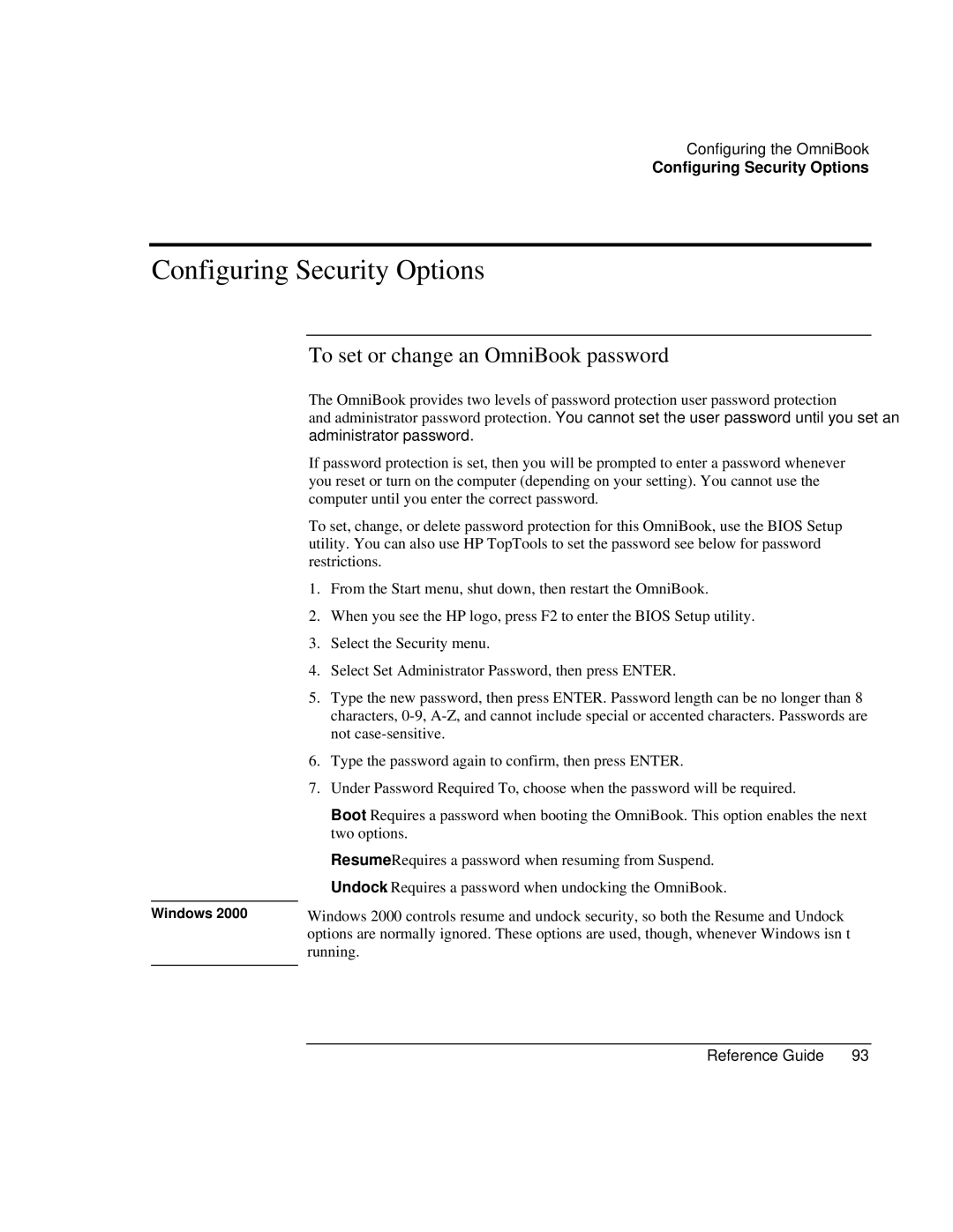 HP 900 manual Configuring Security Options, To set or change an OmniBook password 