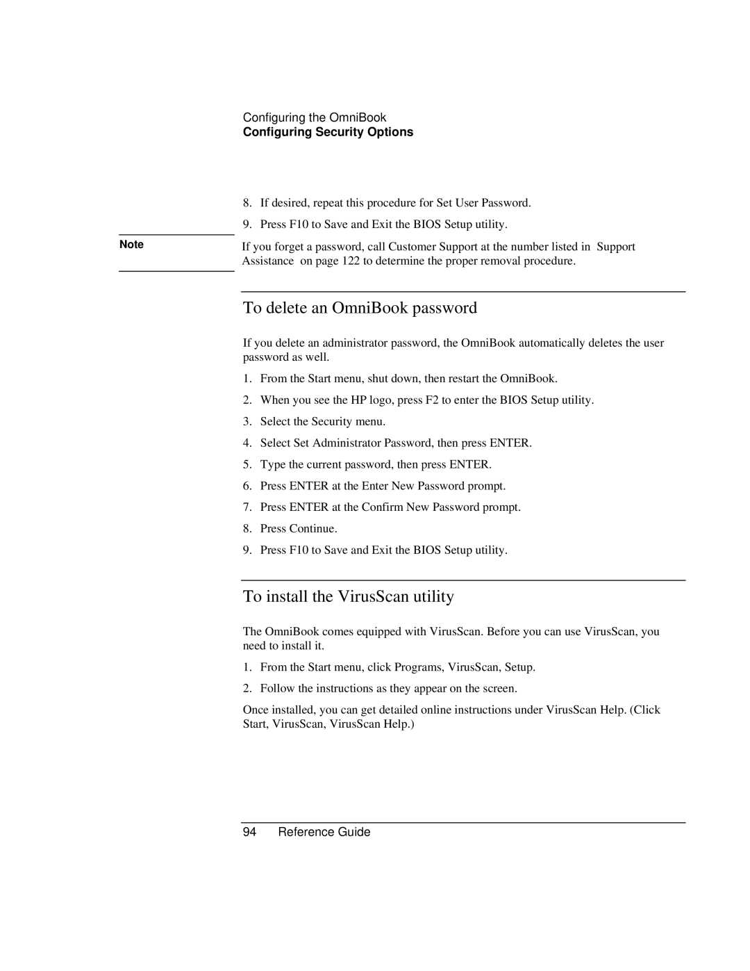 HP 900 manual To delete an OmniBook password, To install the VirusScan utility 