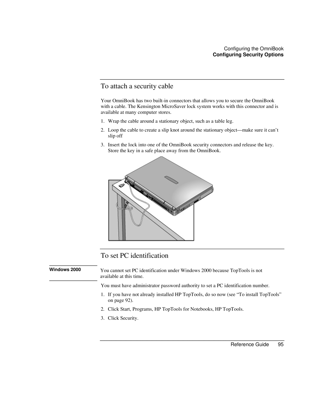 HP 900 manual To attach a security cable, To set PC identification 