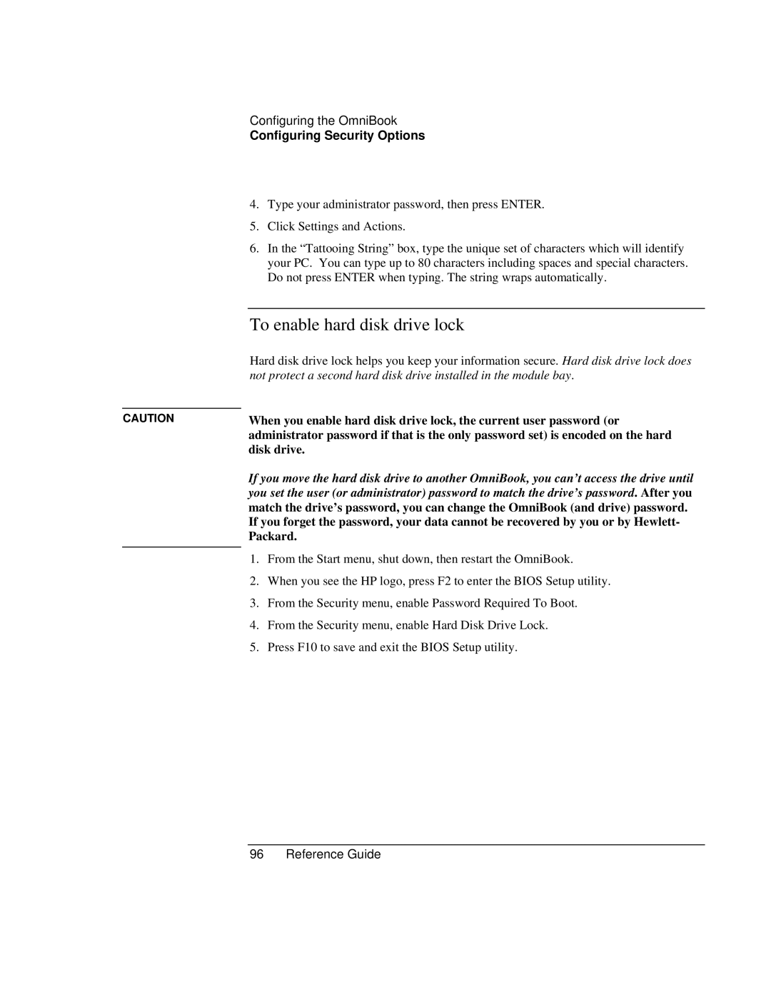 HP 900 manual To enable hard disk drive lock, Disk drive 