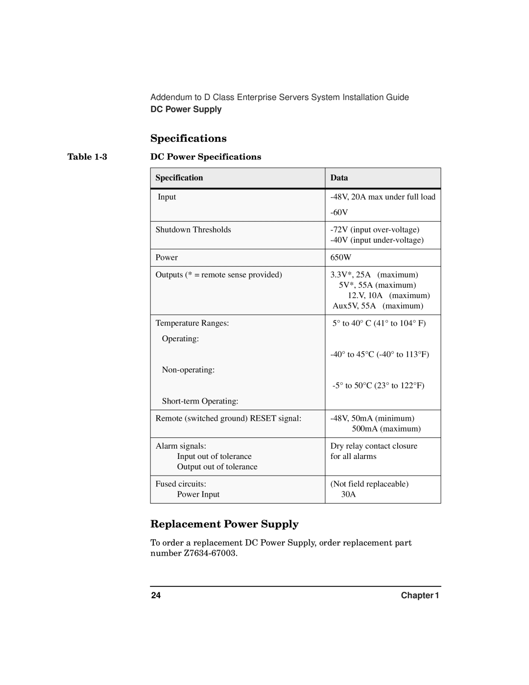 HP 9000 800t s Z7634-96002 manual Replacement Power Supply, DC Power Specifications Data 