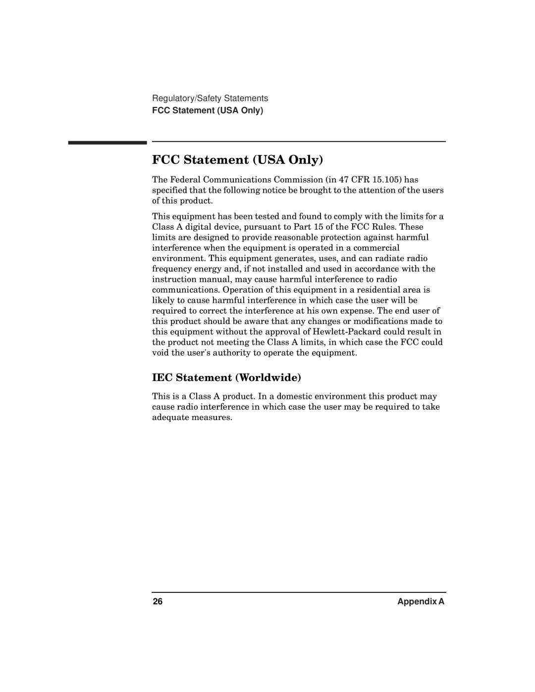 HP 9000 800t s Z7634-96002 manual FCC Statement USA Only, IEC Statement Worldwide 