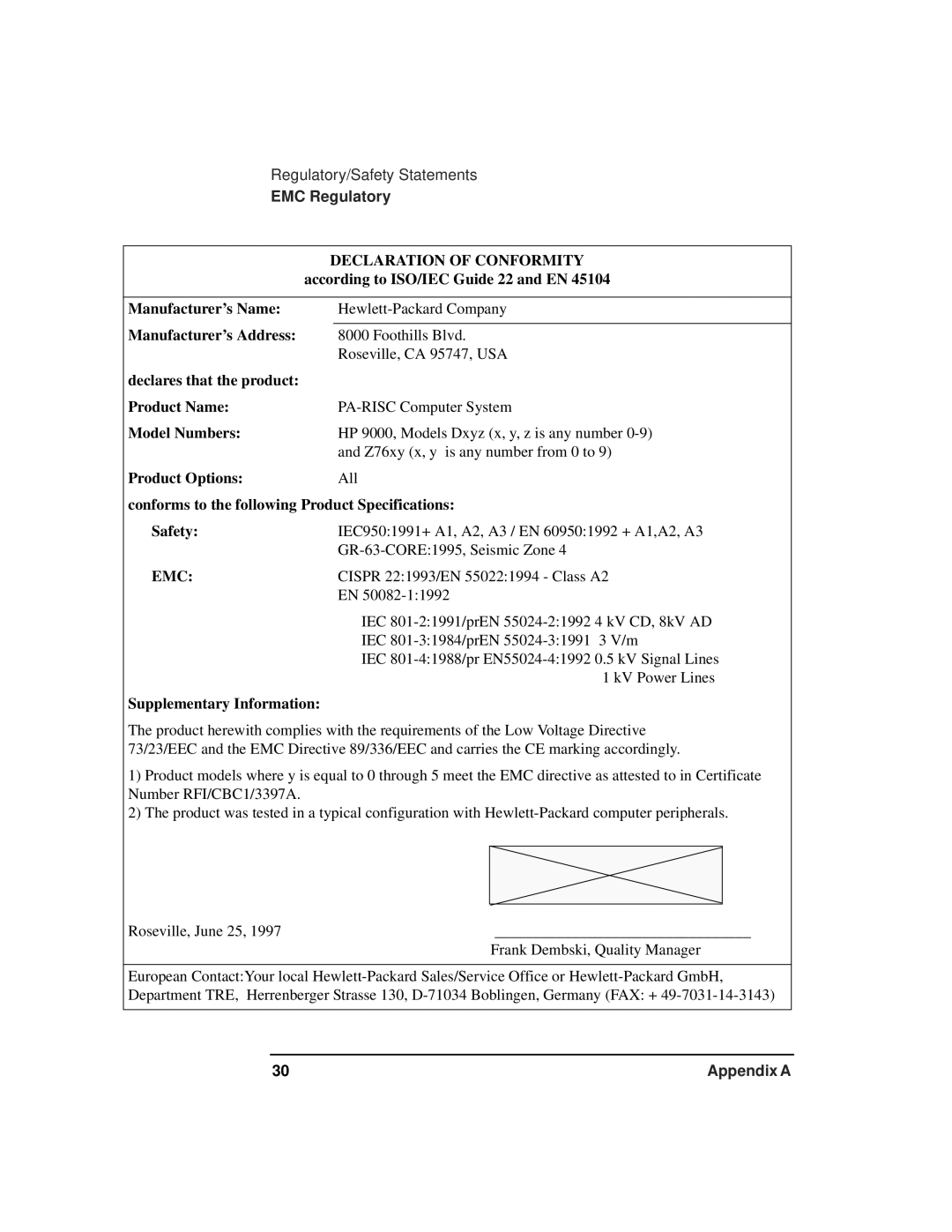 HP 9000 800t s Z7634-96002 manual According to ISO/IEC Guide 22 and EN, Manufacturer’s Name, Manufacturer’s Address, Safety 