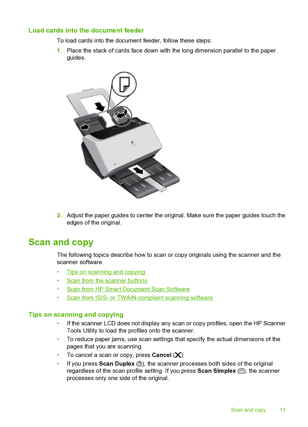 HP 9000 Sheet-feed manual Scan and copy, Load cards into the document feeder, Tips on scanning and copying 