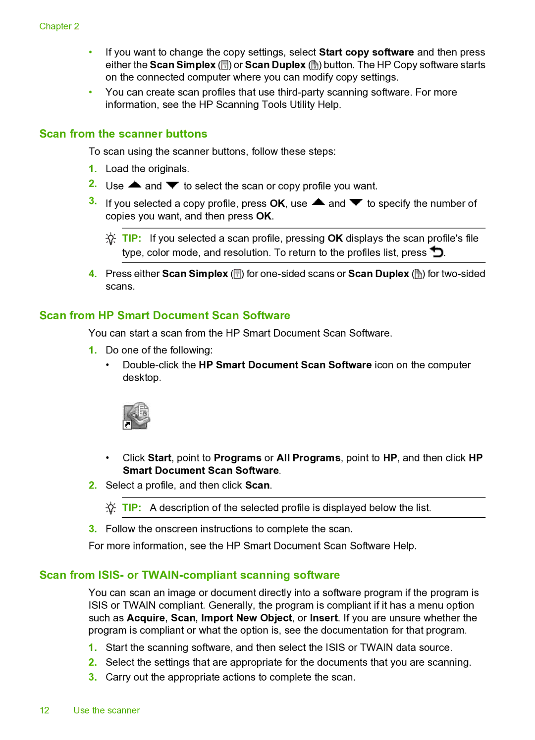 HP 9000 Sheet-feed manual Scan from the scanner buttons, Scan from HP Smart Document Scan Software 