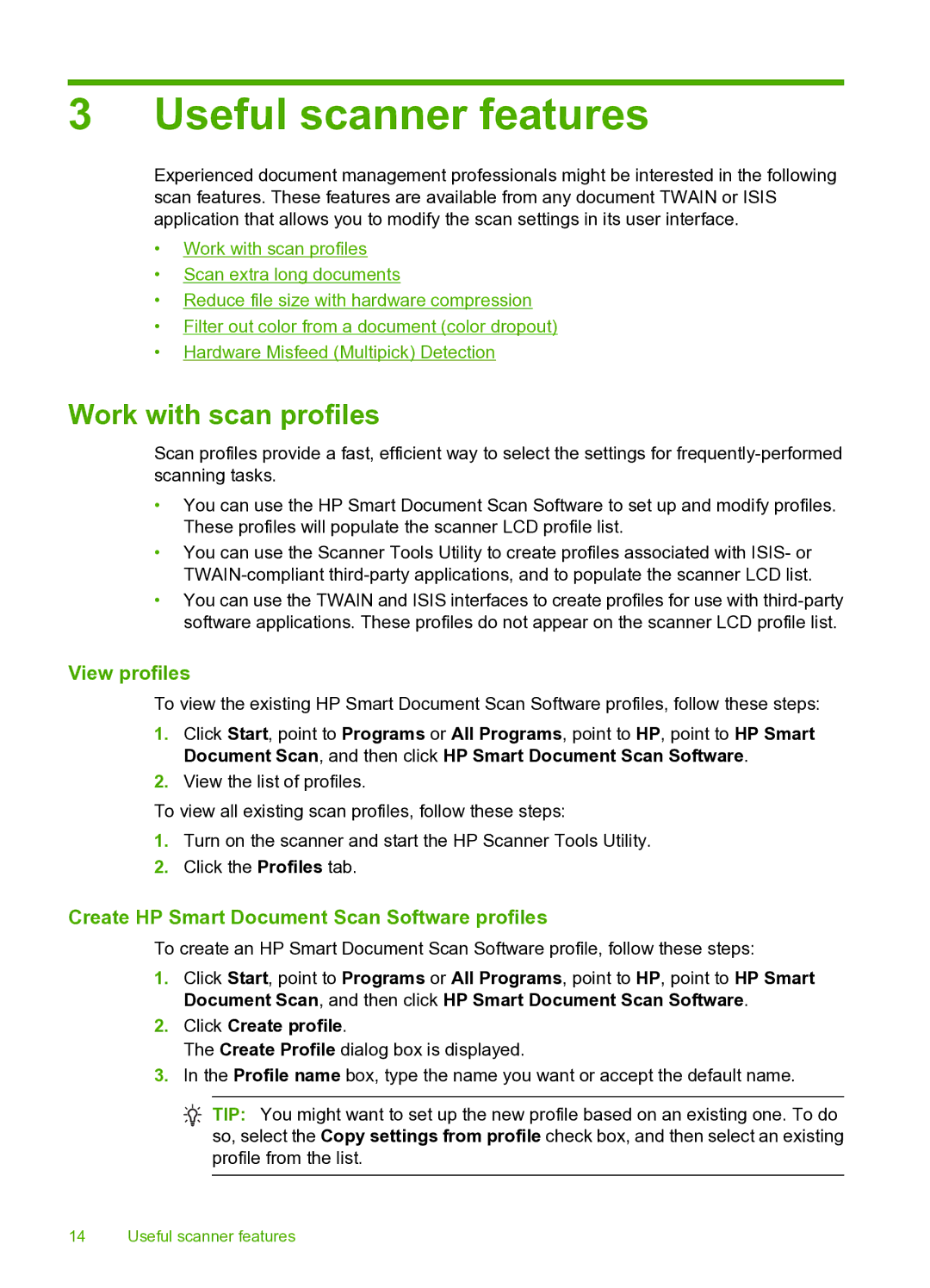 HP 9000 Sheet-feed manual Useful scanner features, Work with scan profiles, View profiles 