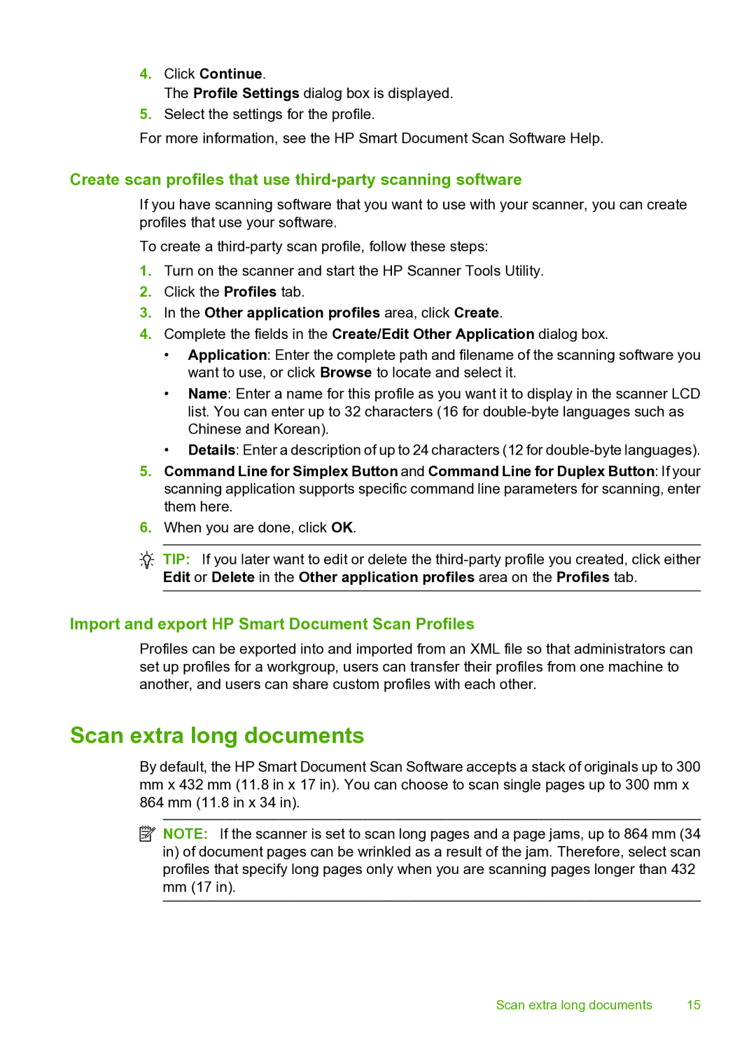 HP 9000 Sheet-feed manual Scan extra long documents, Create scan profiles that use third-party scanning software 