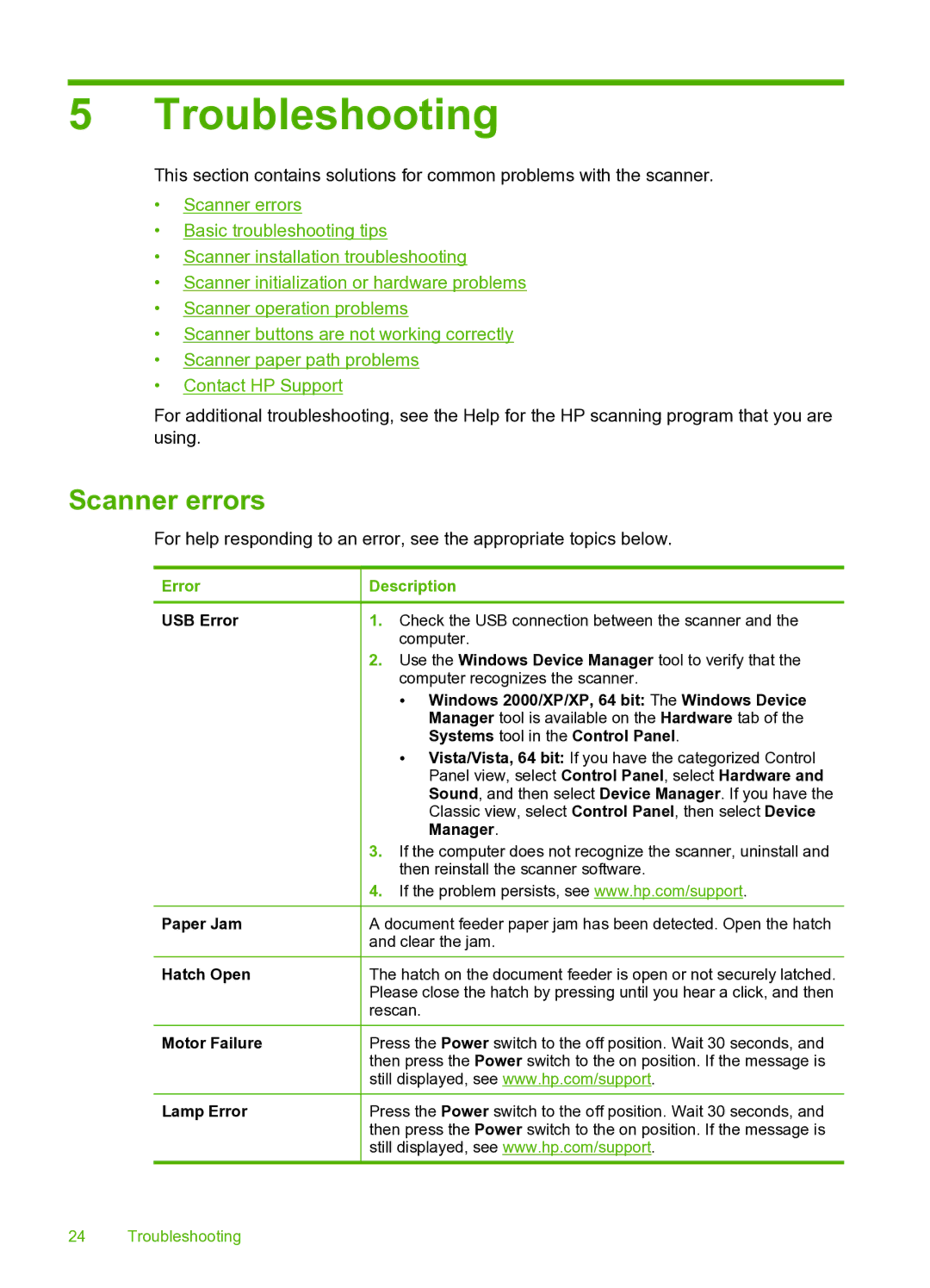 HP 9000 Sheet-feed manual Troubleshooting, Scanner errors 