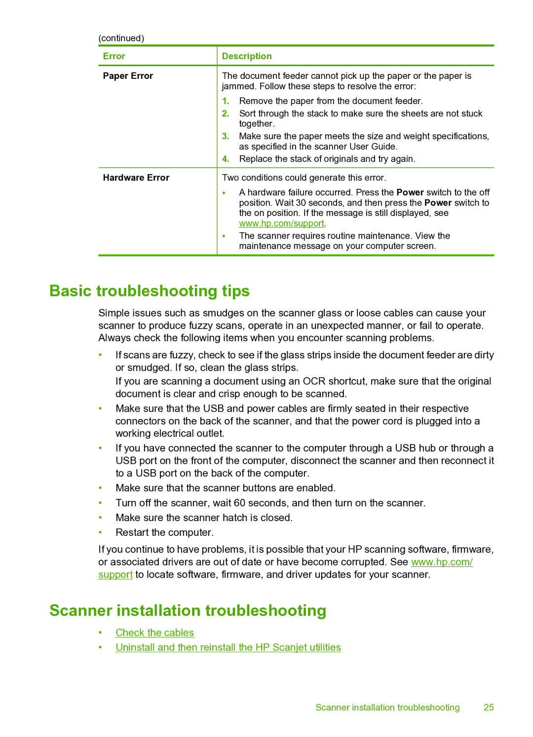 HP 9000 Sheet-feed manual Basic troubleshooting tips, Scanner installation troubleshooting 