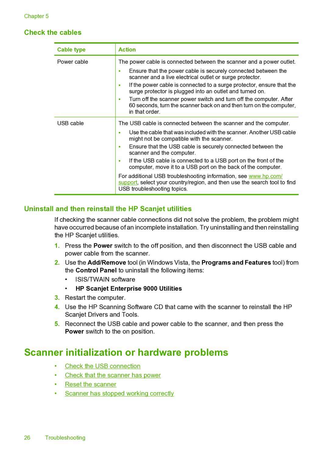 HP 9000 Sheet-feed manual Scanner initialization or hardware problems, Check the cables 