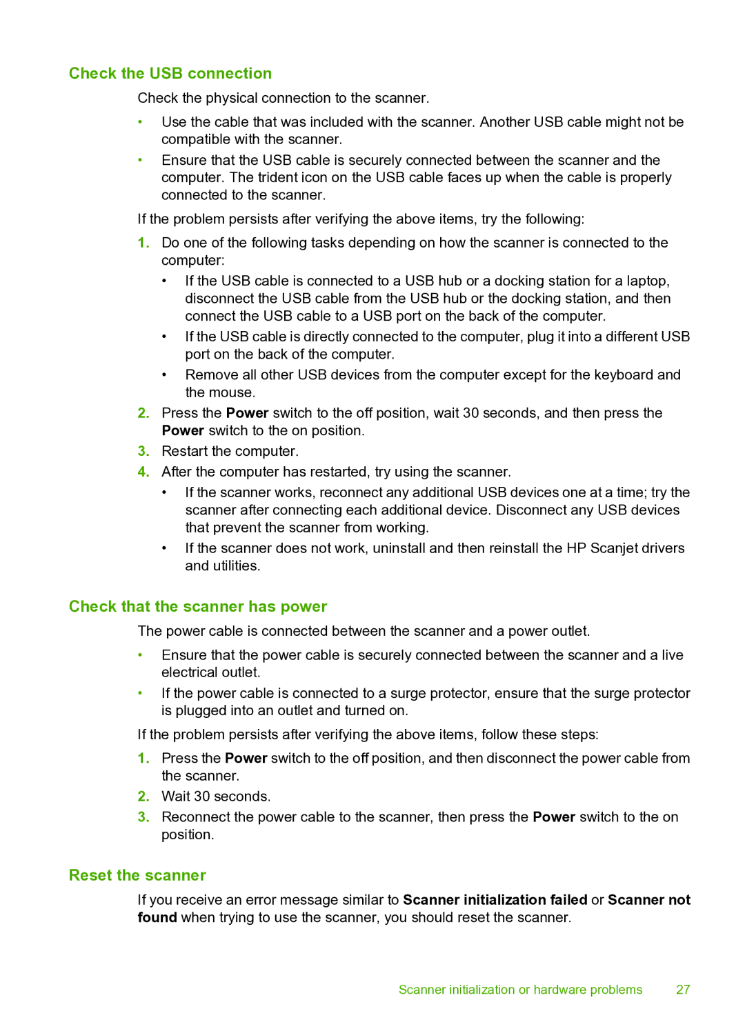 HP 9000 Sheet-feed manual Check the USB connection, Check that the scanner has power, Reset the scanner 