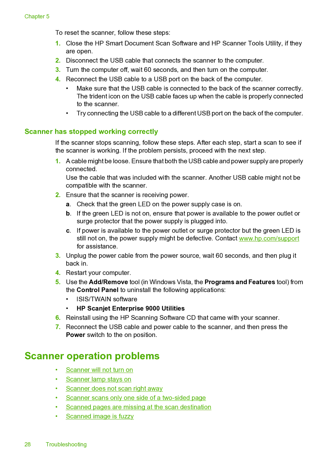 HP 9000 Sheet-feed manual Scanner operation problems, Scanner has stopped working correctly 