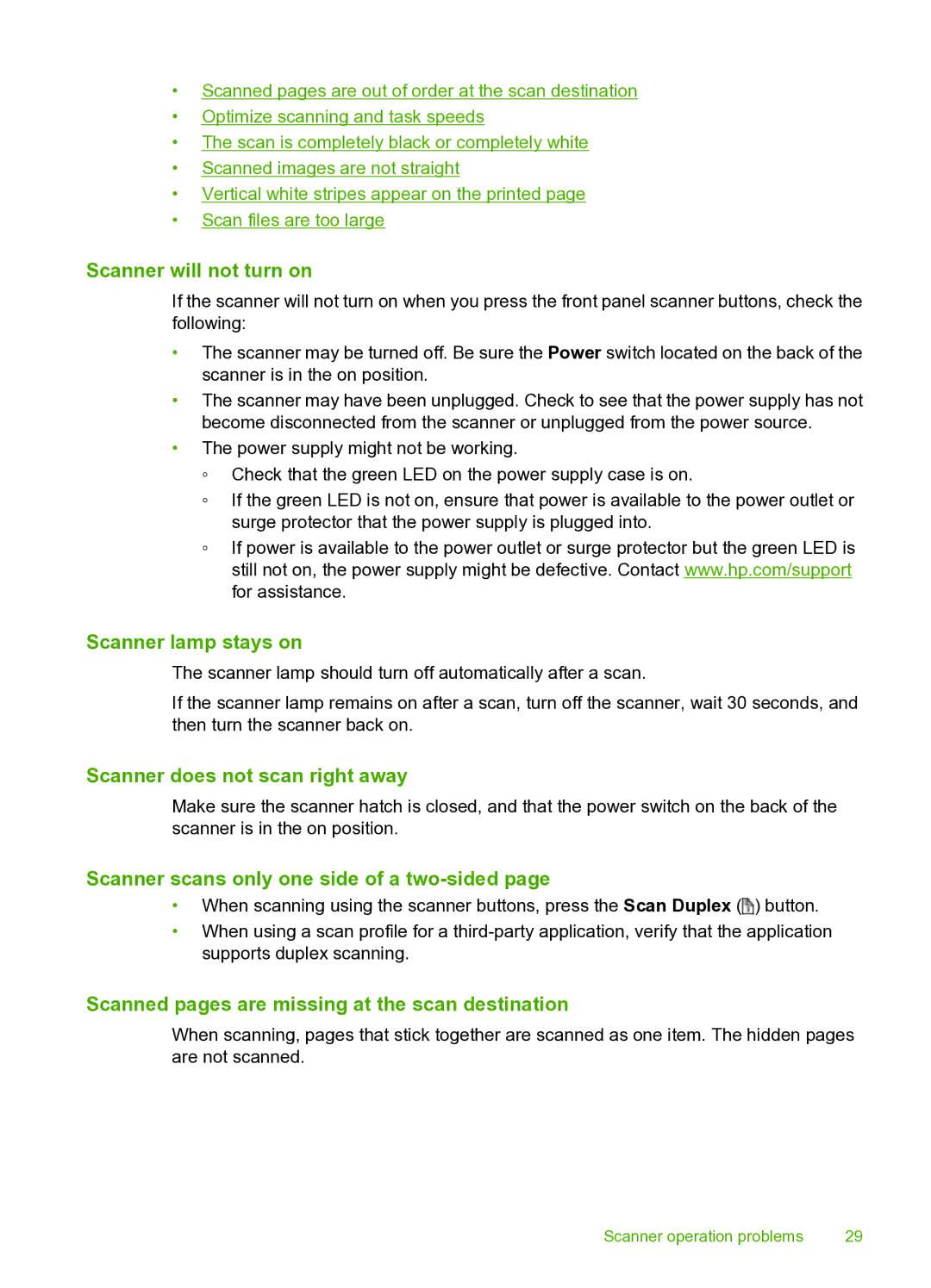 HP 9000 Sheet-feed manual Scanner will not turn on, Scanner lamp stays on, Scanner does not scan right away 