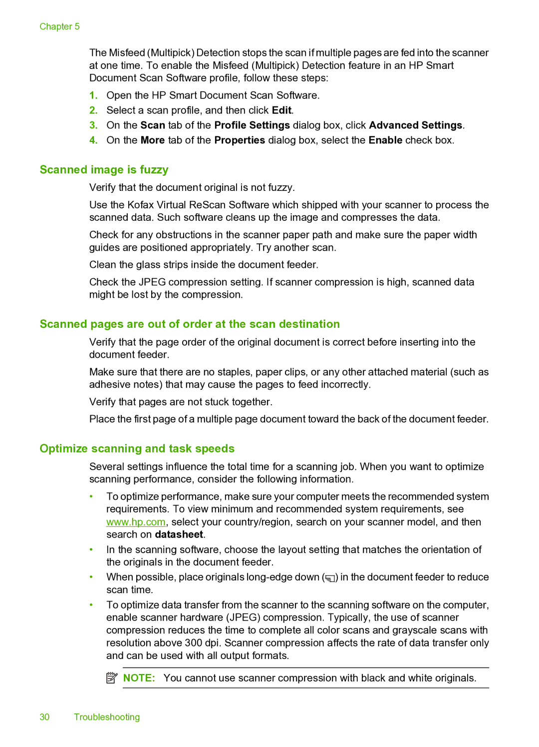 HP 9000 Sheet-feed manual Scanned image is fuzzy, Scanned pages are out of order at the scan destination 