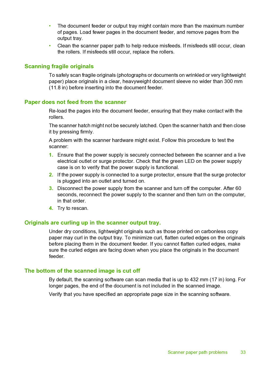 HP 9000 Sheet-feed manual Scanning fragile originals, Paper does not feed from the scanner 