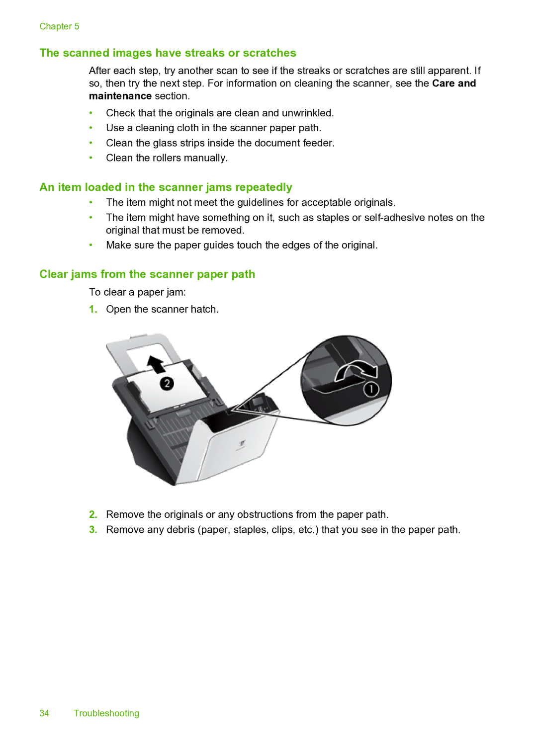 HP 9000 Sheet-feed manual Scanned images have streaks or scratches, An item loaded in the scanner jams repeatedly 