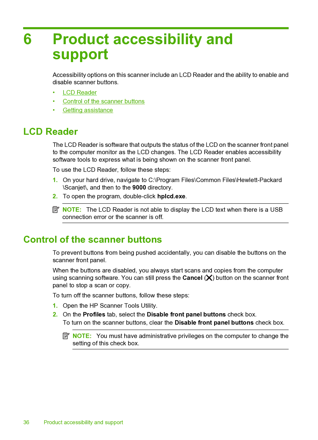 HP 9000 Sheet-feed manual Product accessibility and support, LCD Reader, Control of the scanner buttons 