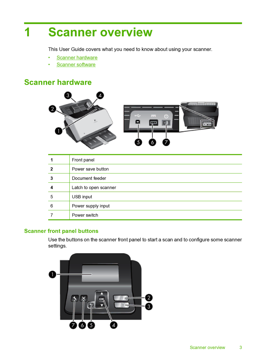 HP 9000 Sheet-feed manual Scanner overview, Scanner hardware, Scanner front panel buttons 