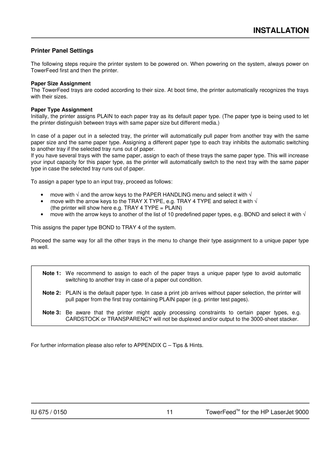 HP 9000 manual Printer Panel Settings, Paper Size Assignment, Paper Type Assignment 