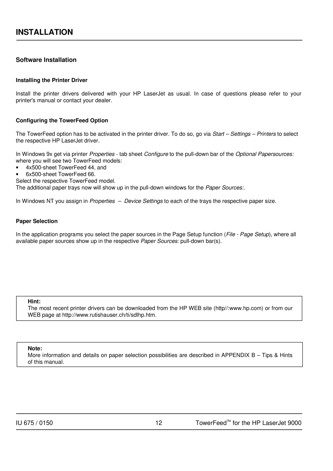 HP 9000 Software Installation, Installing the Printer Driver, Configuring the TowerFeed Option, Paper Selection, Hint 