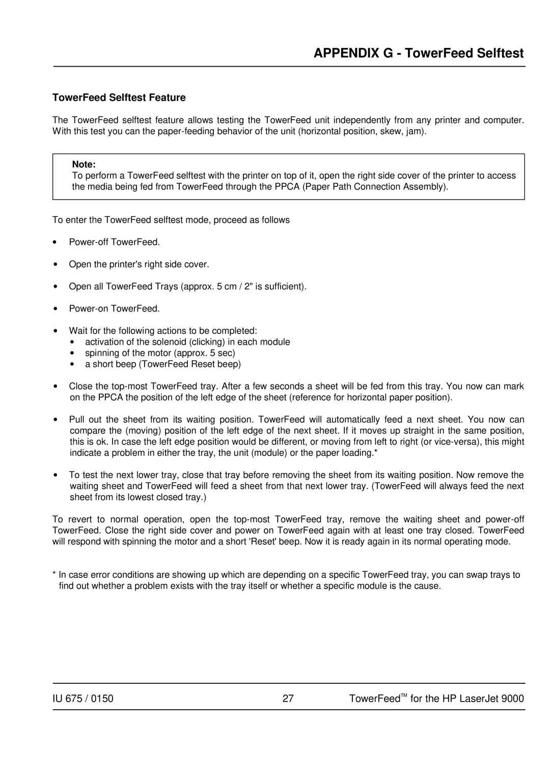 HP 9000 manual Appendix G TowerFeed Selftest, TowerFeed Selftest Feature 