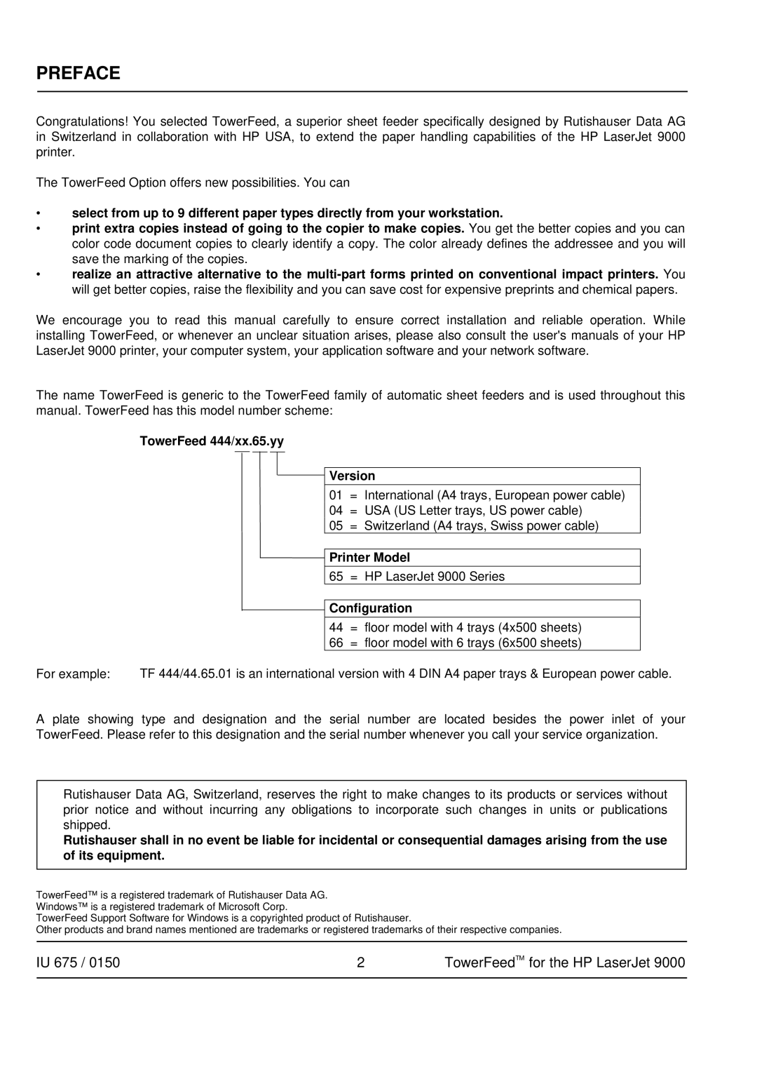 HP 9000 manual Preface, TowerFeed 444/xx.65.yy Version, Printer Model, Configuration 