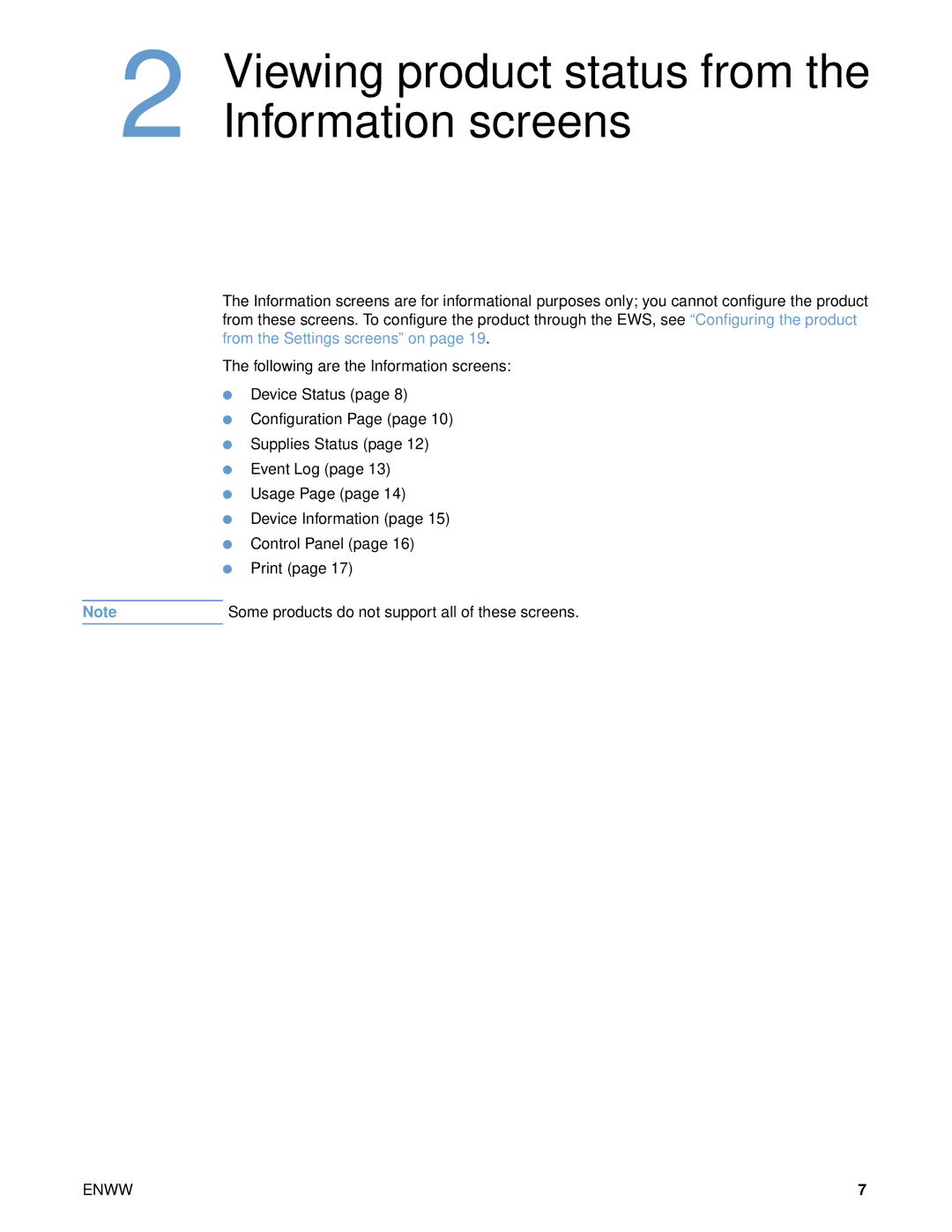 HP 9000 manual Viewing product status from the Information screens 