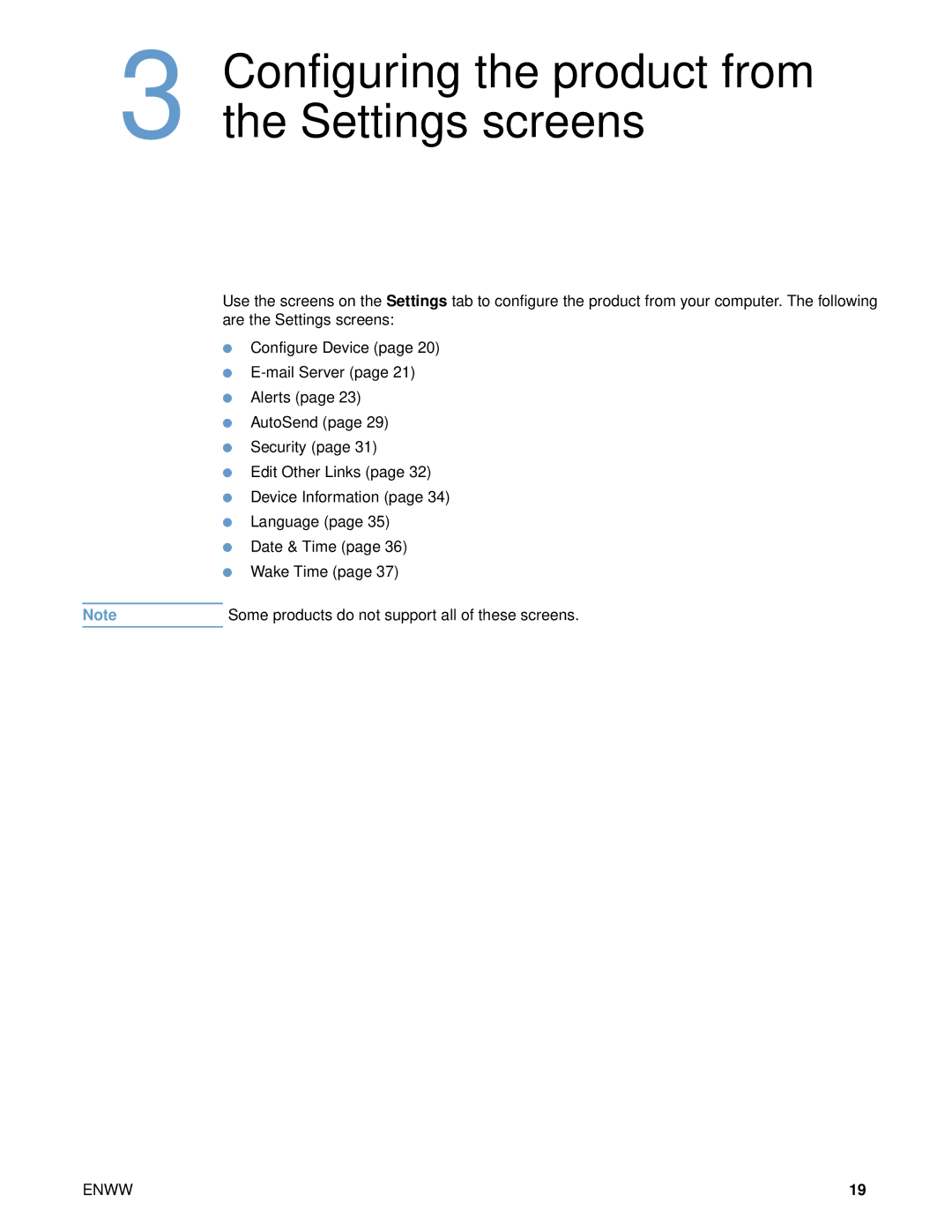 HP 9000 manual Configuring the product from the Settings screens 