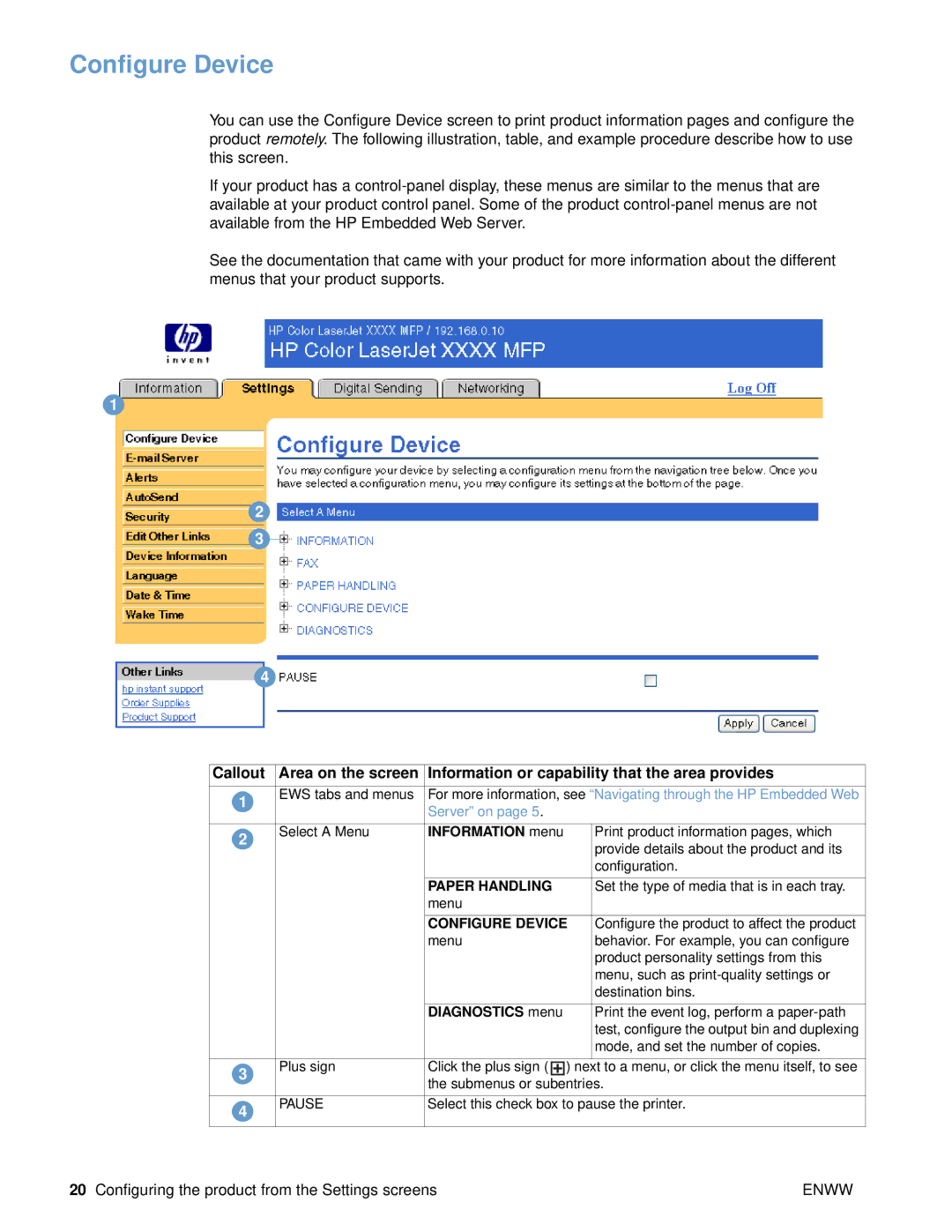 HP 9000 manual Configure Device, Information menu, Diagnostics menu 