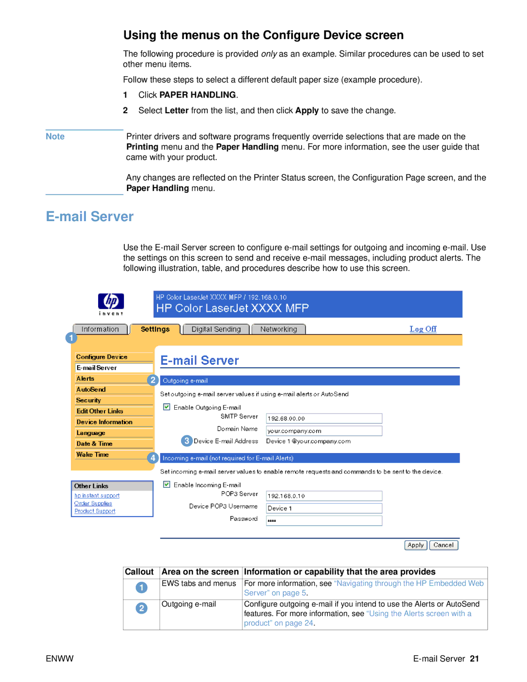 HP 9000 manual Mail Server, Using the menus on the Configure Device screen 