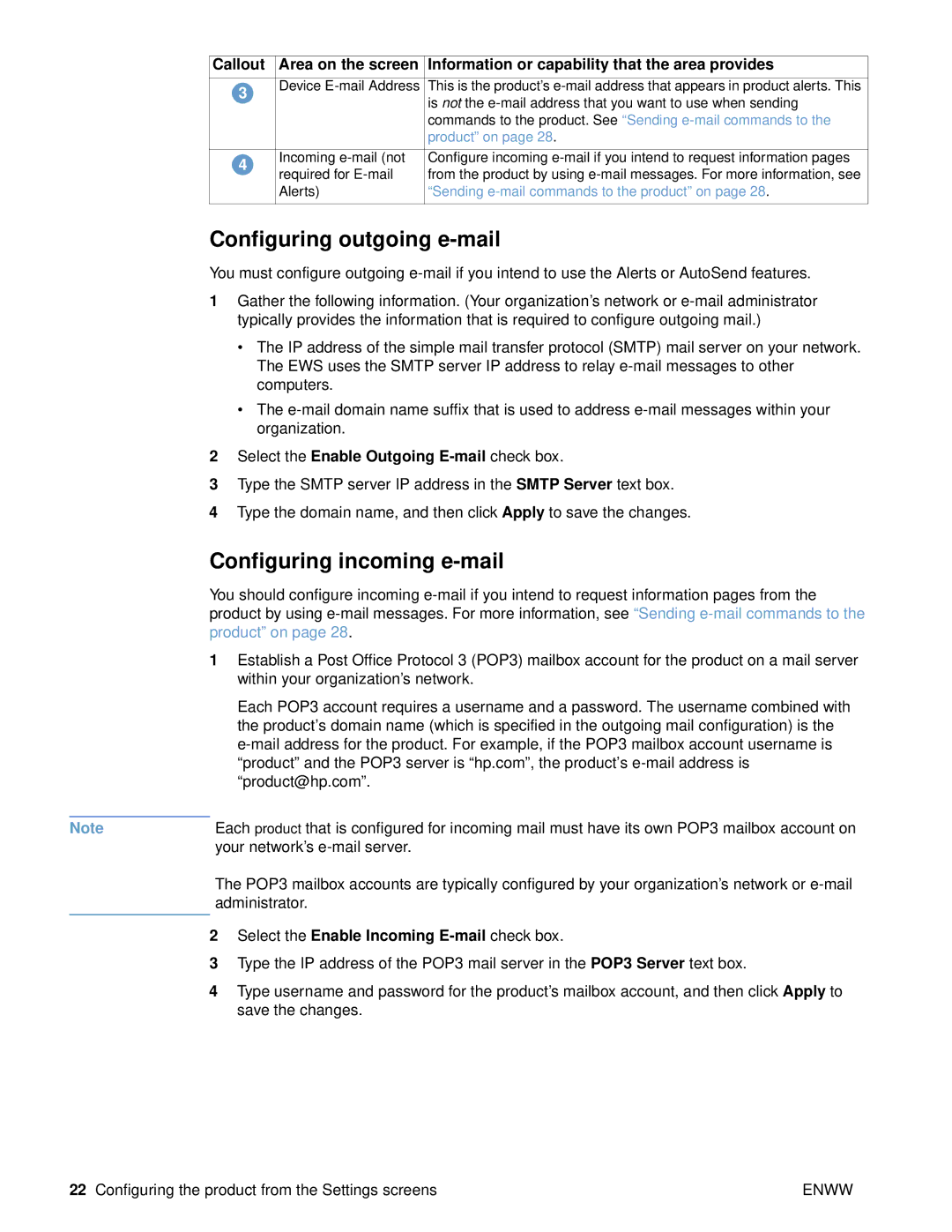 HP 9000 manual Configuring outgoing e-mail, Configuring incoming e-mail 