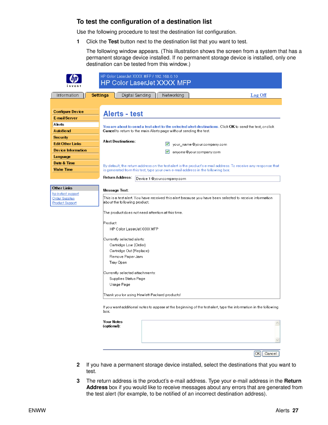 HP 9000 manual To test the configuration of a destination list 