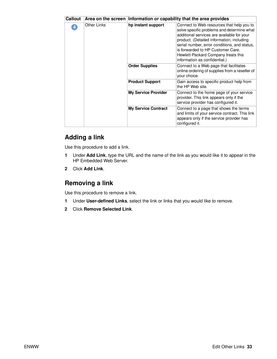 HP 9000 manual Adding a link, Removing a link, Hp instant support, My Service Provider, My Service Contract 