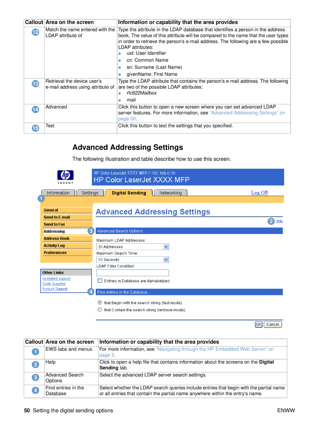 HP 9000 manual Advanced Addressing Settings, Information or capability that the area provides 