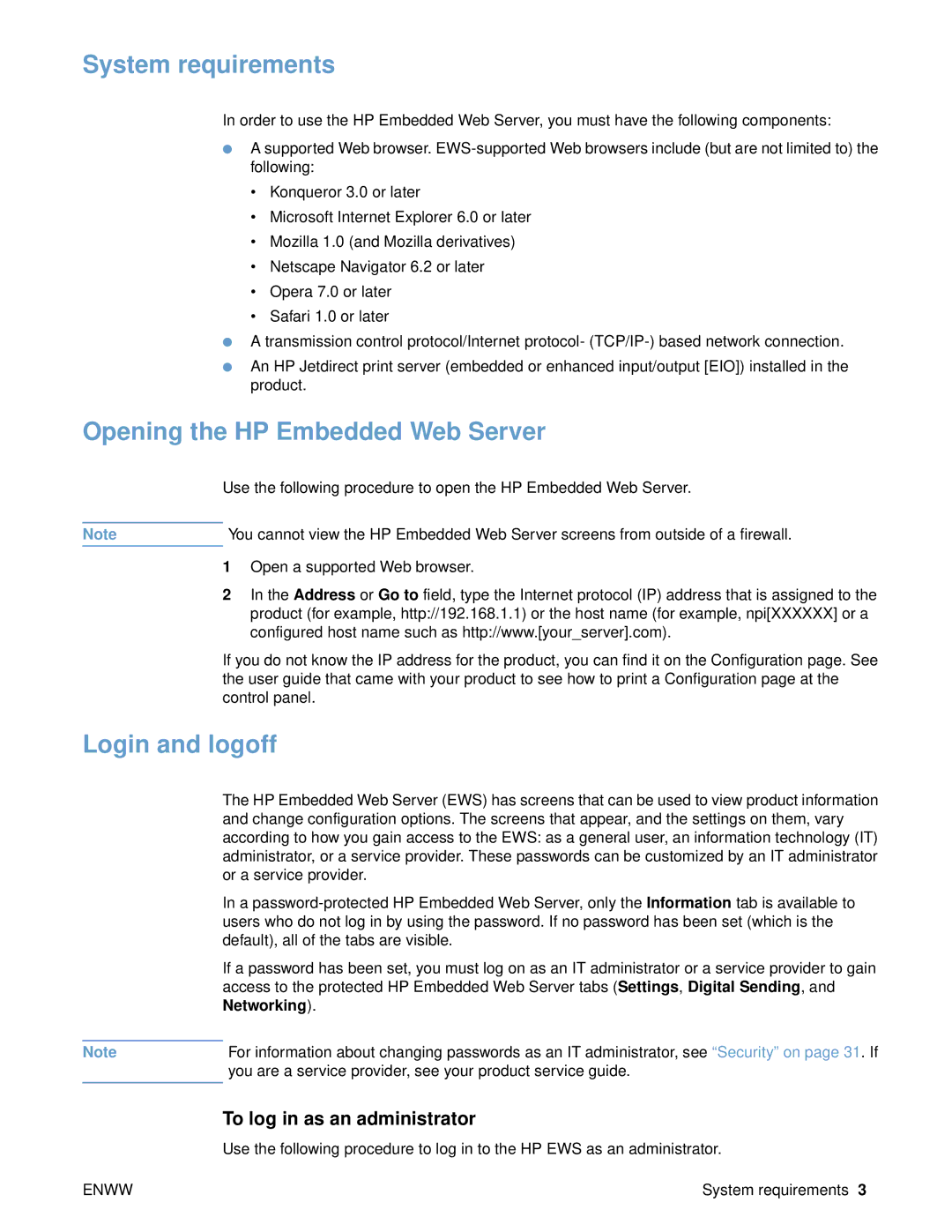 HP 9000 manual System requirements, Opening the HP Embedded Web Server, Login and logoff 