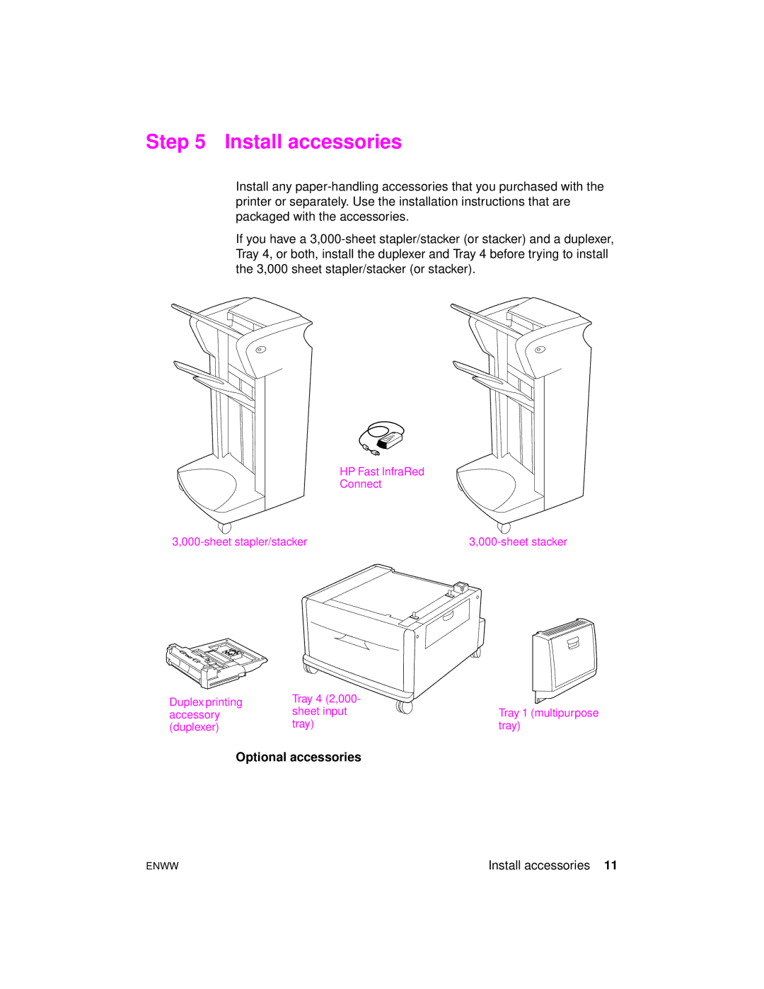 HP 9000hns, 9000dn, 9000n manual Install accessories, Optional accessories 