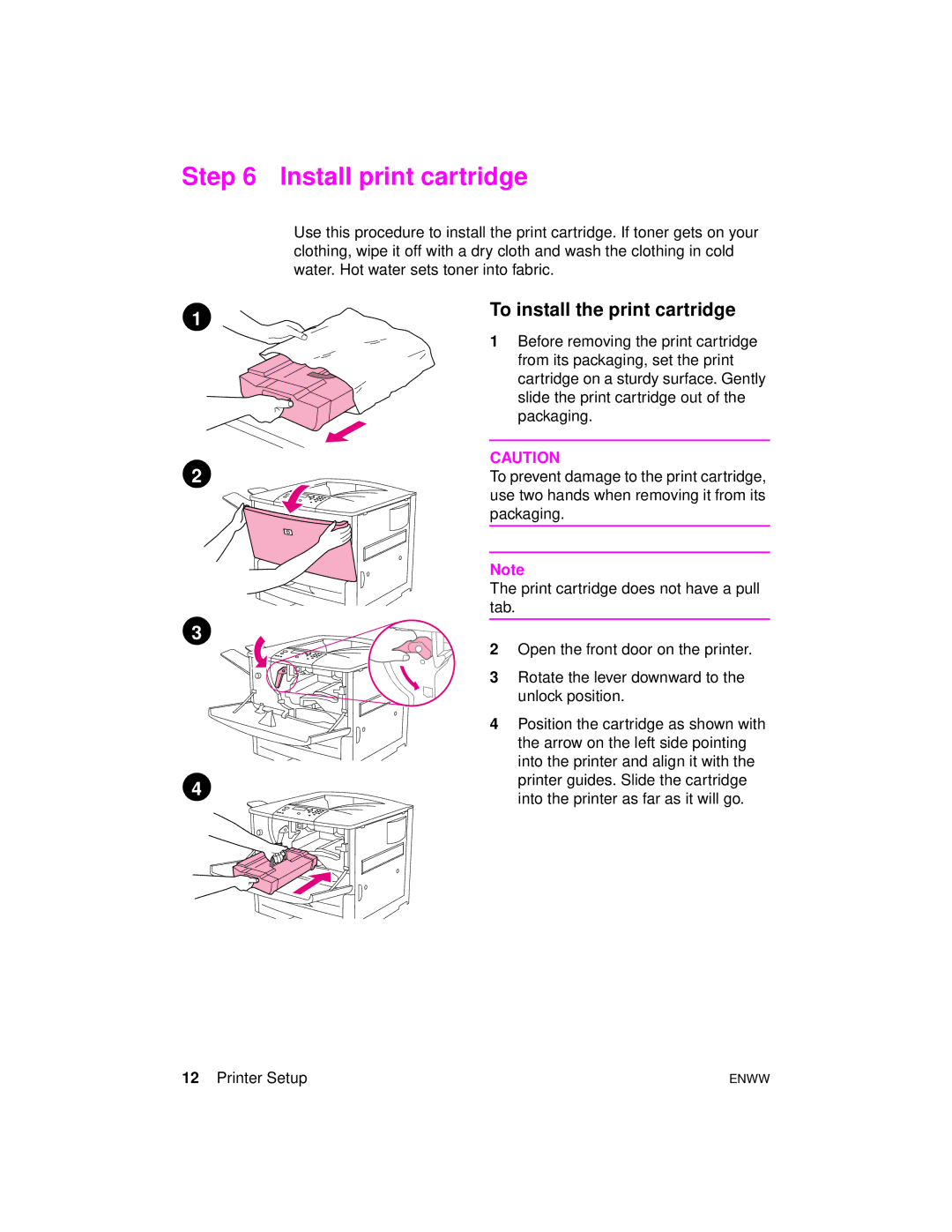 HP 9000dn, 9000hns, 9000n manual Install print cartridge, To install the print cartridge 