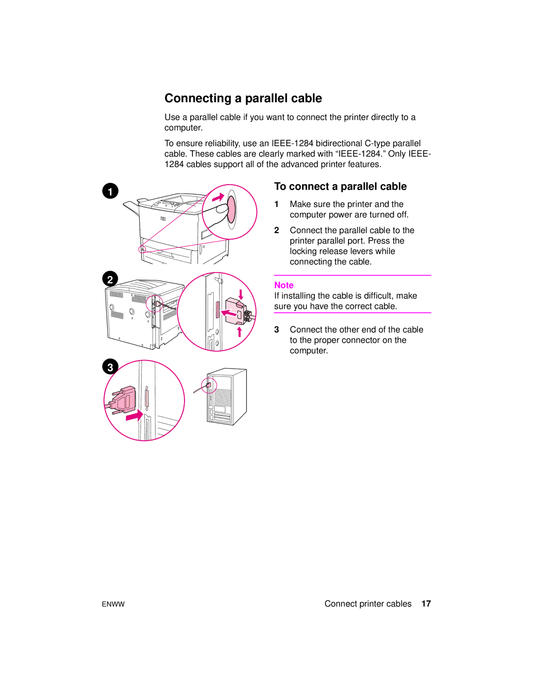 HP 9000n, 9000hns, 9000dn manual Connecting a parallel cable, To connect a parallel cable 