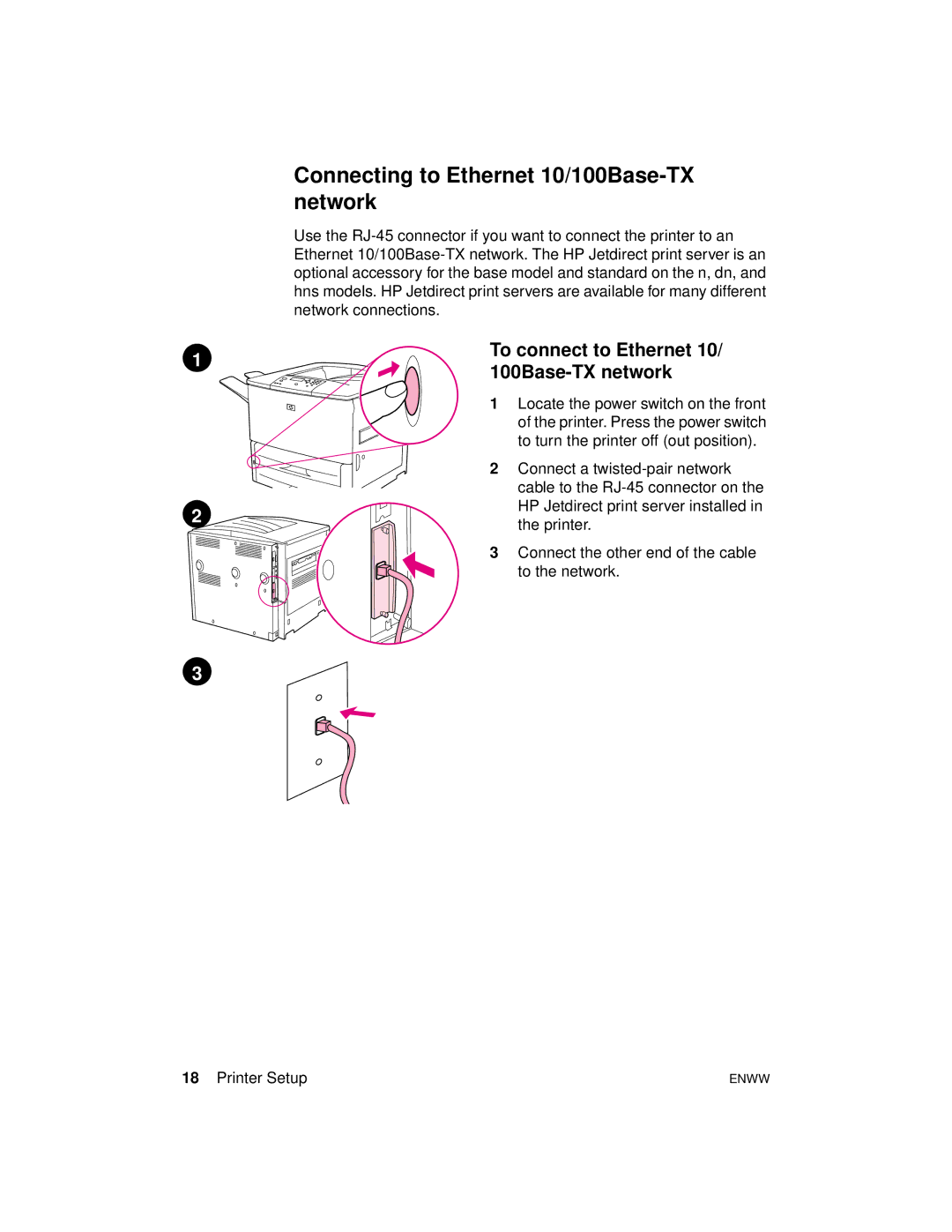 HP 9000hns, 9000dn, 9000n manual Connecting to Ethernet 10/100Base-TX network, To connect to Ethernet 10/ 100Base-TX network 