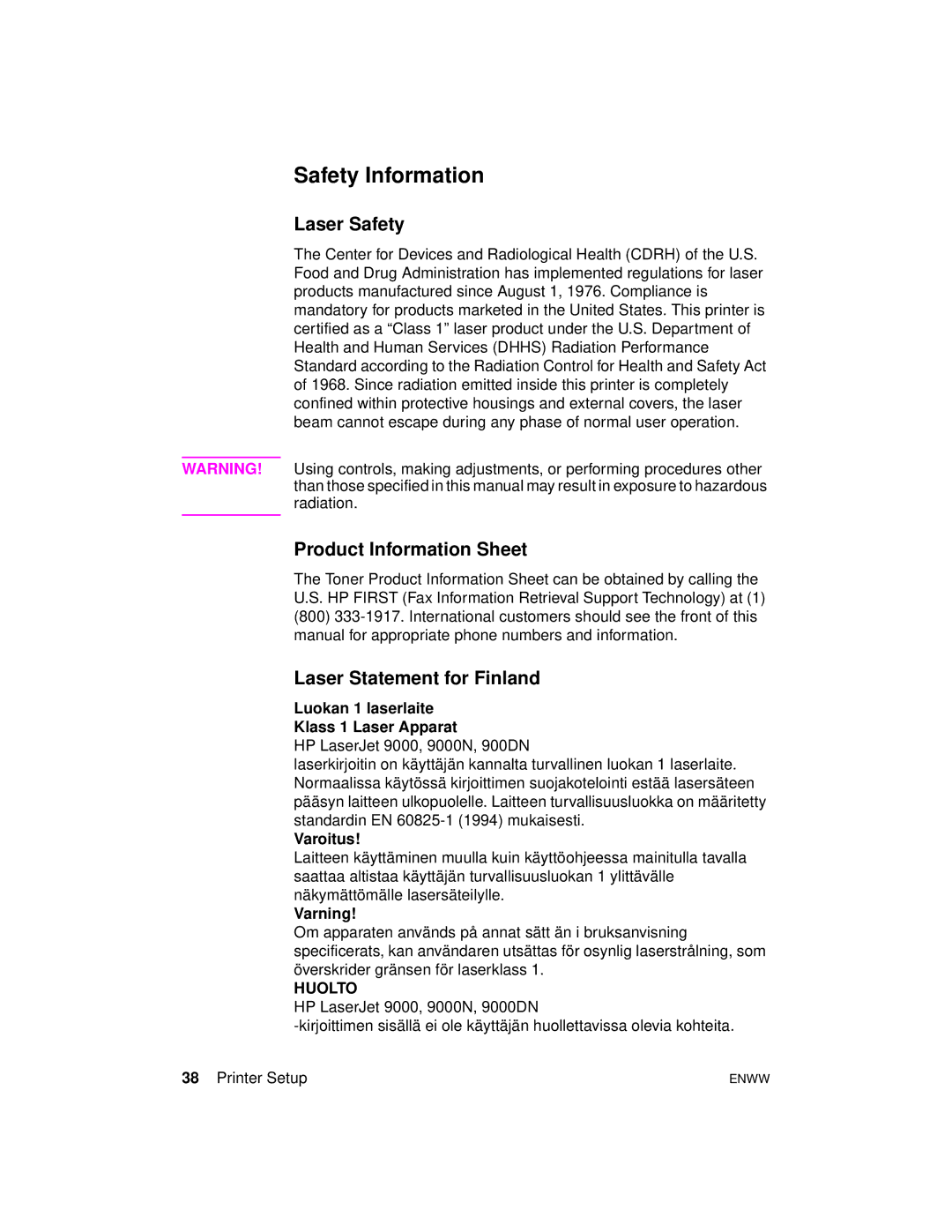 HP 9000hns, 9000dn, 9000n manual Safety Information, Laser Safety, Product Information Sheet, Laser Statement for Finland 