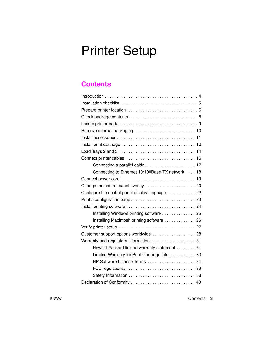 HP 9000hns, 9000dn, 9000n manual Printer Setup, Contents 