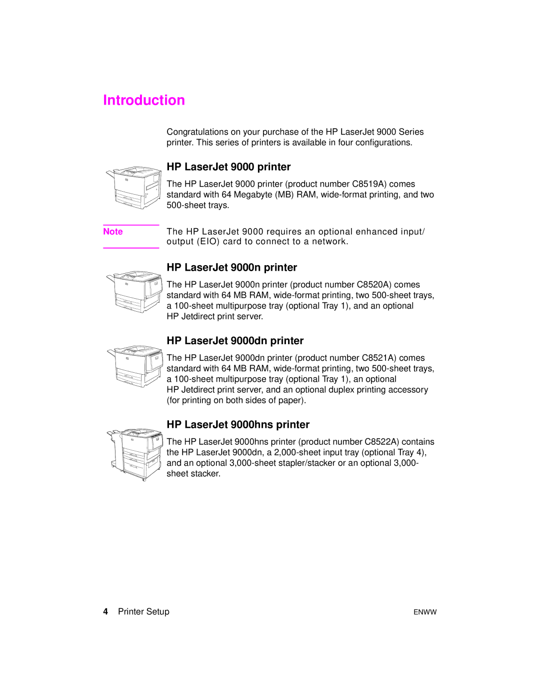 HP 9000hns manual Introduction, HP LaserJet 9000 printer, HP LaserJet 9000n printer, HP LaserJet 9000dn printer 
