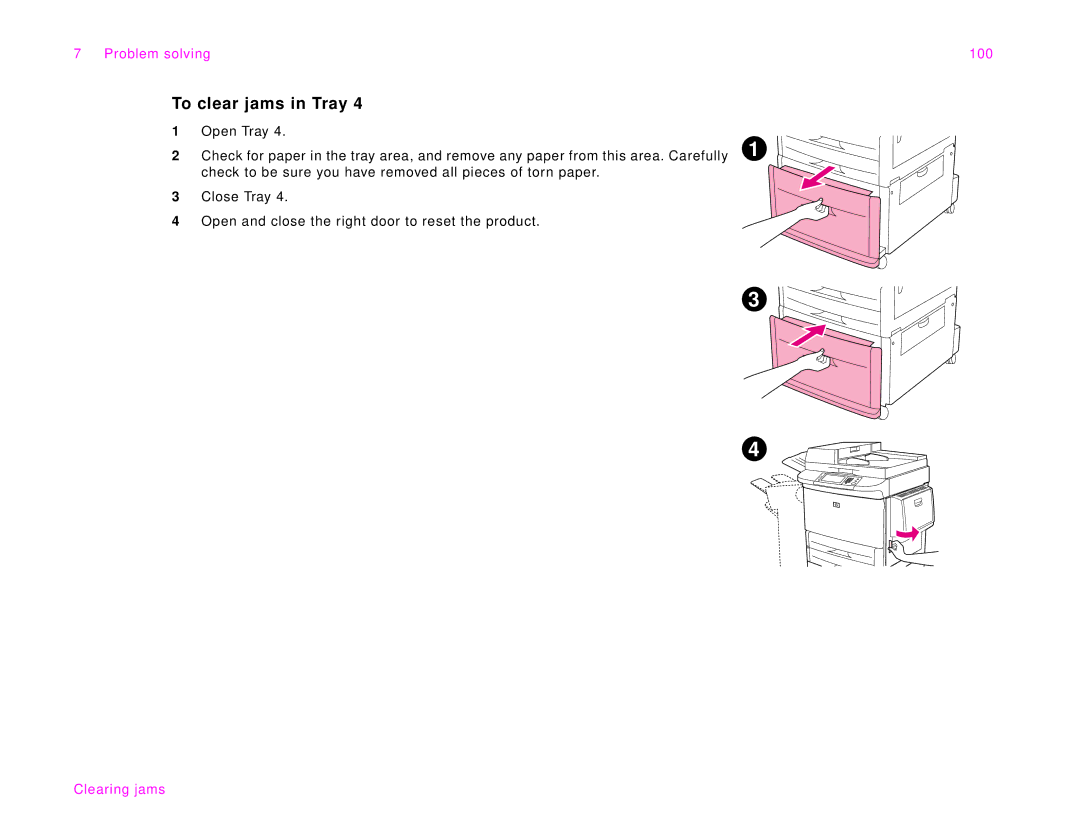 HP 9000Lmfp manual To clear jams in Tray, Problem solving 100 