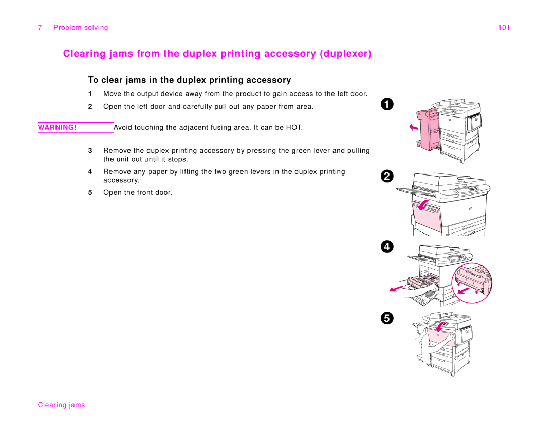 HP 9000Lmfp Clearing jams from the duplex printing accessory duplexer, To clear jams in the duplex printing accessory 